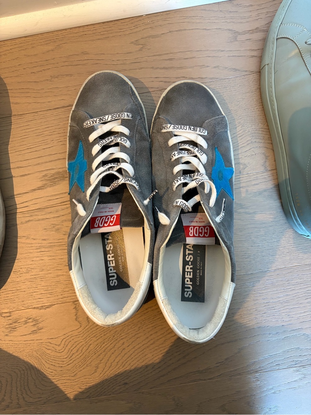 Golden Goose Gray Suede Super-Star Sneakers with Blue Star